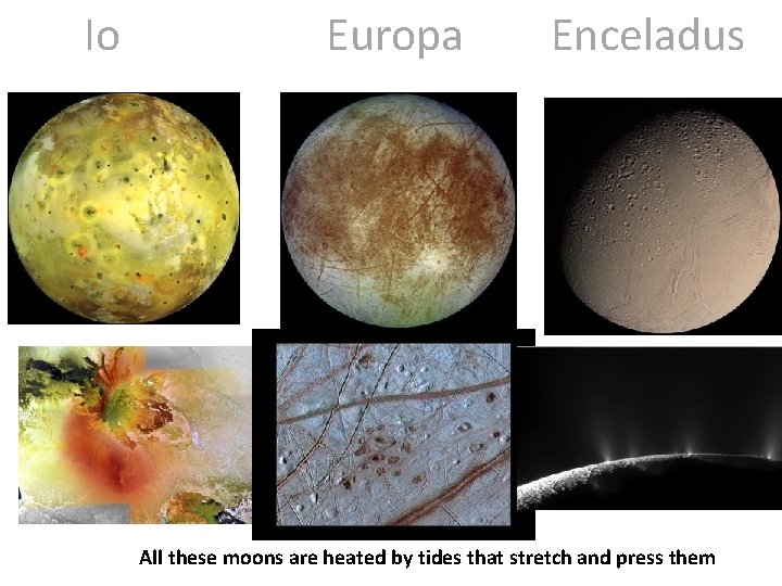 Io Europa Enceladus All these moons are heated by tides that stretch and press