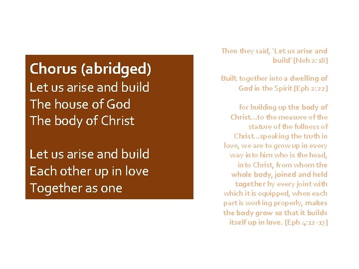 Chorus (abridged) Let us arise and build The house of God The body of