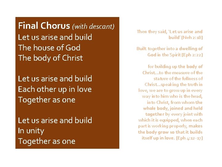 Final Chorus (with descant) Let us arise and build The house of God The