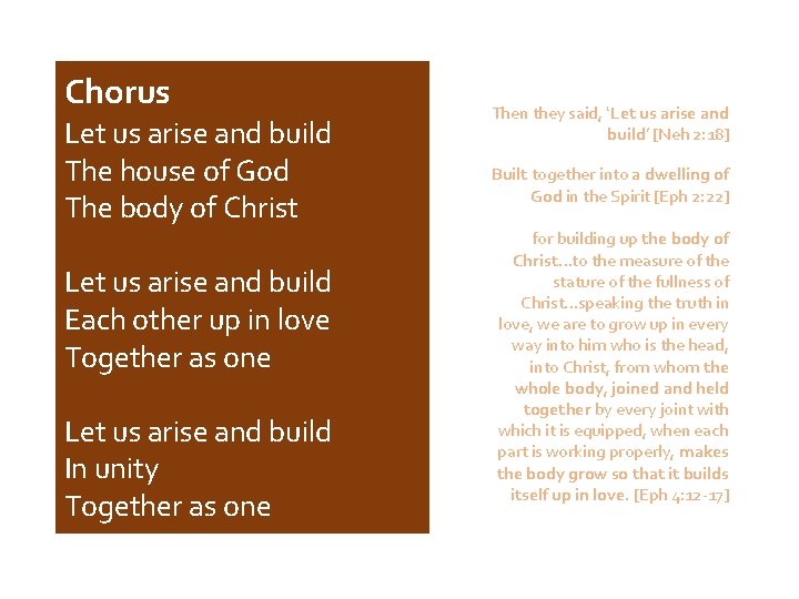 Chorus Let us arise and build The house of God The body of Christ