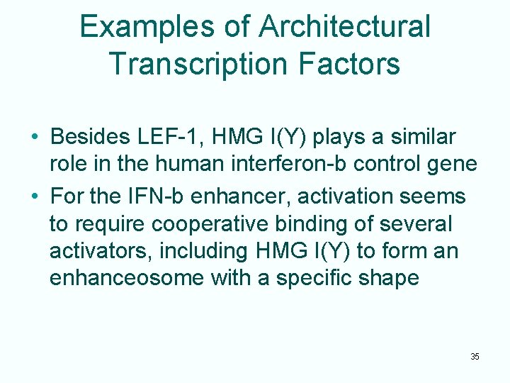 Examples of Architectural Transcription Factors • Besides LEF-1, HMG I(Y) plays a similar role