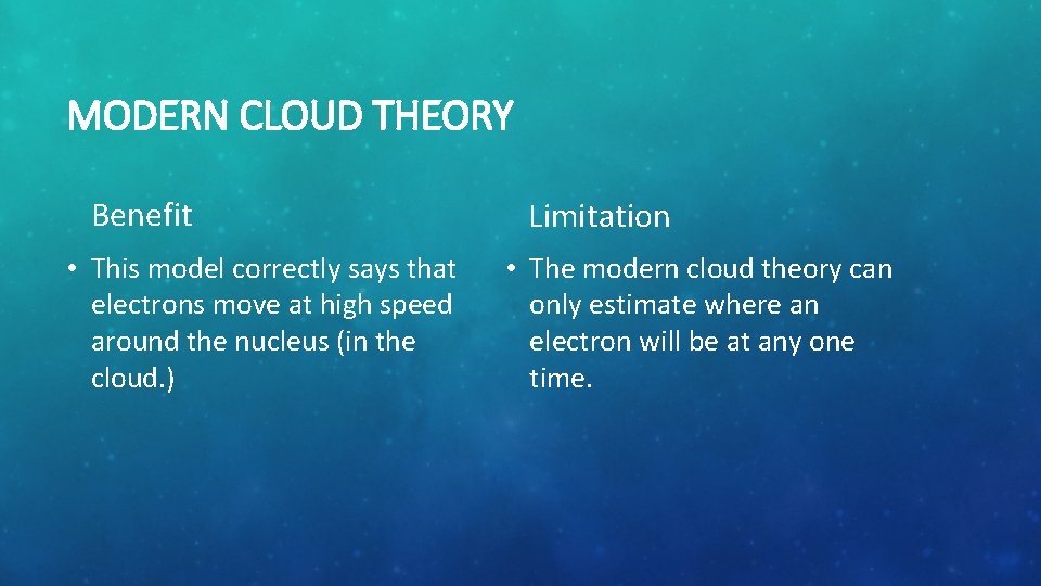 MODERN CLOUD THEORY Benefit • This model correctly says that electrons move at high