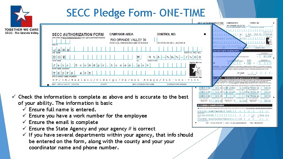 SECC Pledge Form- ONE-TIME ü Check the information is complete as above and is