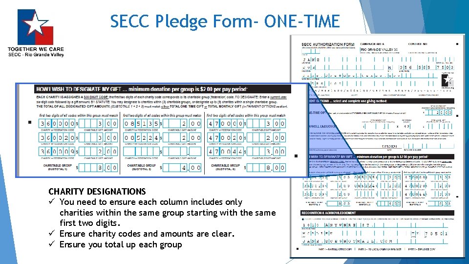 SECC Pledge Form- ONE-TIME CHARITY DESIGNATIONS ü You need to ensure each column includes