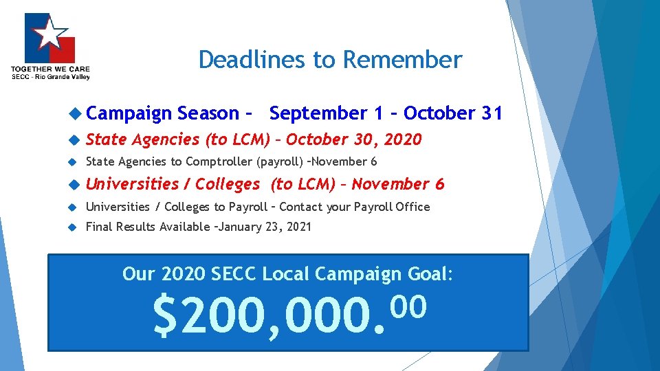 Deadlines to Remember Campaign Season – September 1 – October 31 State Agencies (to