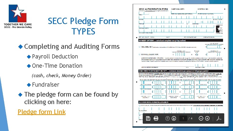 SECC Pledge Form TYPES Completing Payroll and Auditing Forms Deduction One-Time Donation (cash, check,