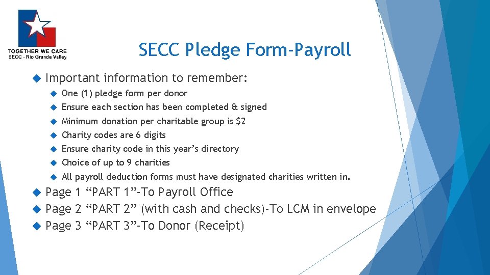 SECC Pledge Form-Payroll Important information to remember: One (1) pledge form per donor Ensure