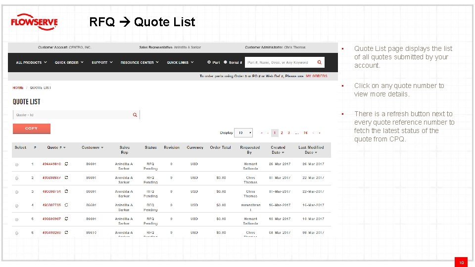 RFQ Quote List • Quote List page displays the list of all quotes submitted