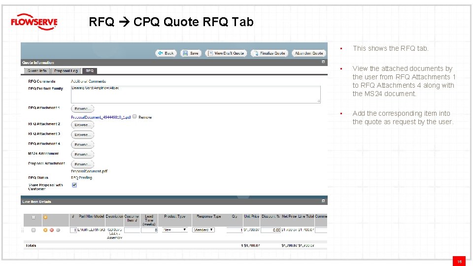 RFQ CPQ Quote RFQ Tab • This shows the RFQ tab. • View the
