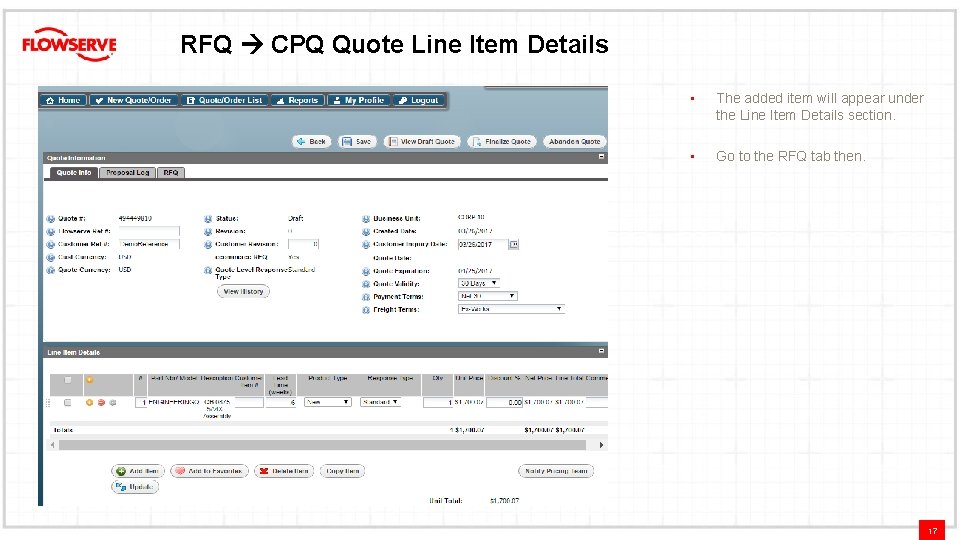 RFQ CPQ Quote Line Item Details • The added item will appear under the