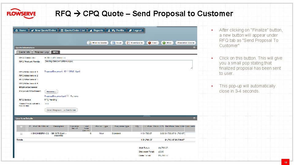 RFQ CPQ Quote – Send Proposal to Customer • After clicking on “Finalize” button,