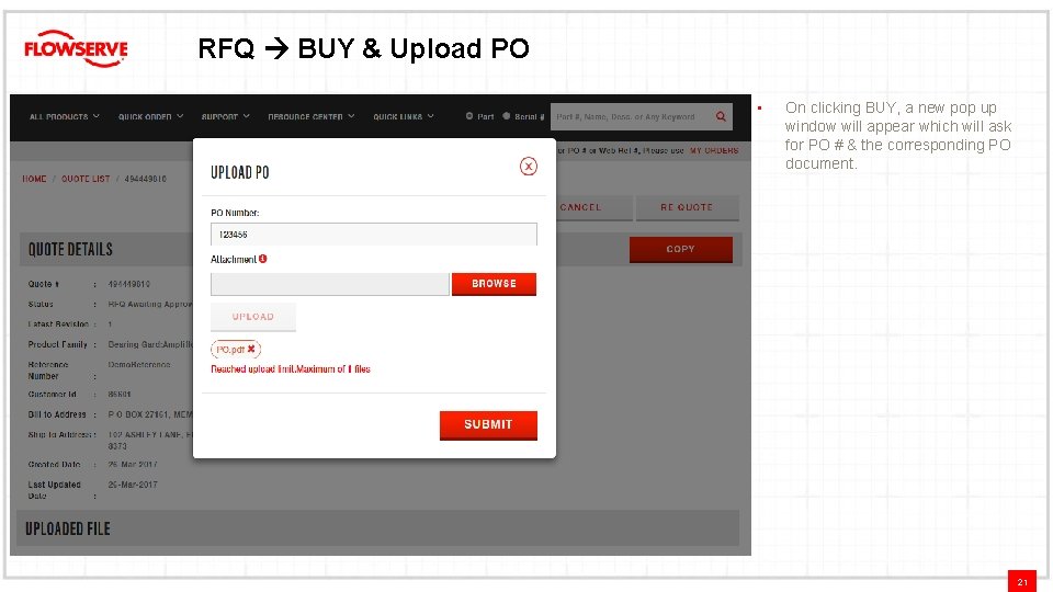 RFQ BUY & Upload PO • On clicking BUY, a new pop up window