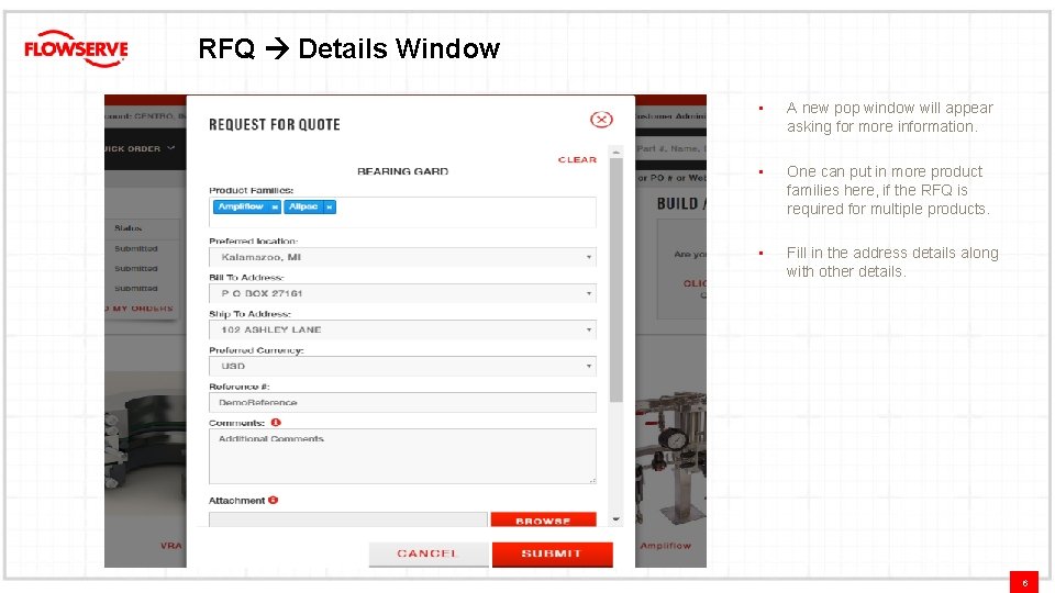 RFQ Details Window • A new pop window will appear asking for more information.