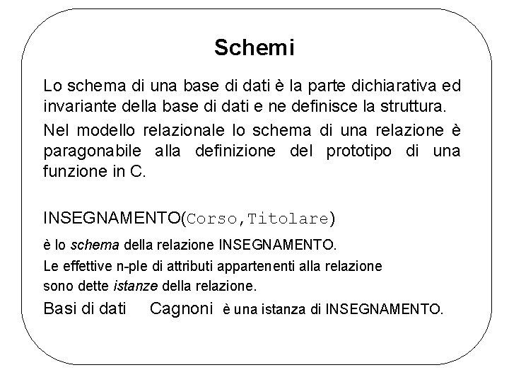 Schemi Lo schema di una base di dati è la parte dichiarativa ed invariante