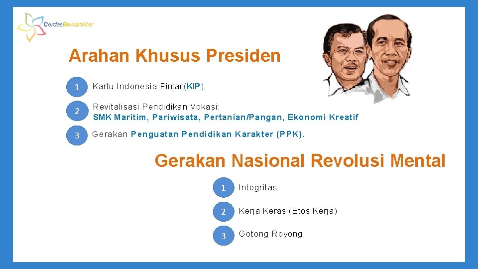 Arahan Khusus Presiden 1 Kartu Indonesia Pintar (KIP). 2 Revitalisasi Pendidikan Vokasi: SMK Maritim,