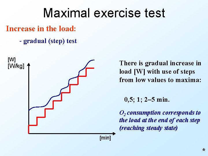 Maximal exercise test Increase in the load: - gradual (step) test [W] There is