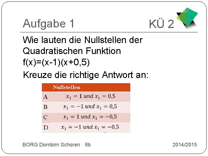 Aufgabe 1 KÜ 2 Wie lauten die Nullstellen der Quadratischen Funktion f(x)=(x-1)(x+0, 5) Kreuze