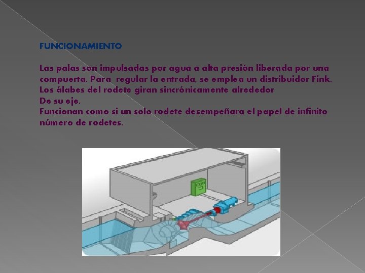 FUNCIONAMIENTO Las palas son impulsadas por agua a alta presión liberada por una compuerta.