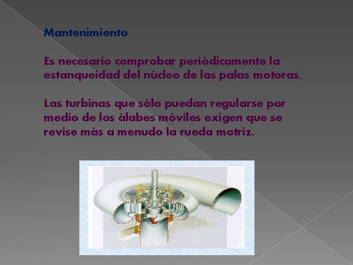 Mantenimiento Es necesario comprobar periódicamente la estanqueidad del núcleo de las palas motoras, Las