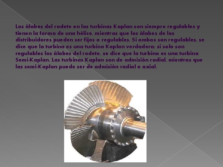 Los álabes del rodete en las turbinas Kaplan son siempre regulables y tienen la