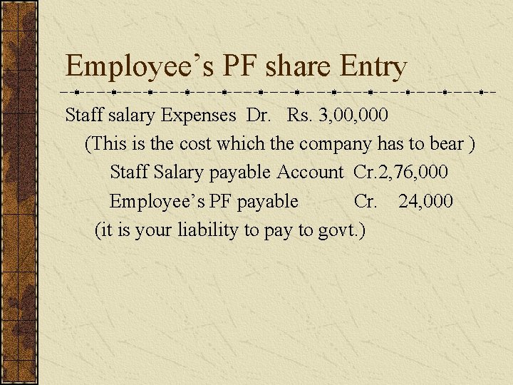 Employee’s PF share Entry Staff salary Expenses Dr. Rs. 3, 000 (This is the