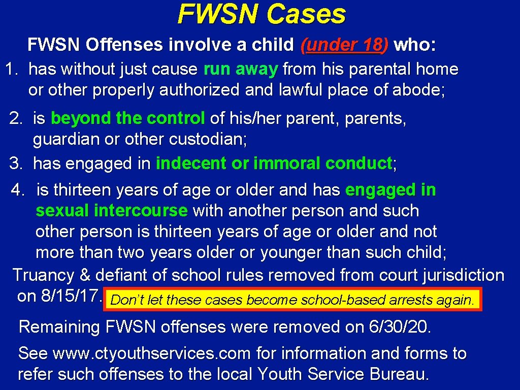 FWSN Cases FWSN Offenses involve a child (under 18) who: 1. has without just