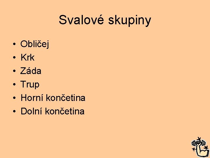 Svalové skupiny • • • Obličej Krk Záda Trup Horní končetina Dolní končetina 