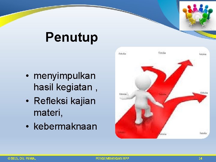 Penutup • menyimpulkan hasil kegiatan , • Refleksi kajian materi, • kebermaknaan © 2015,