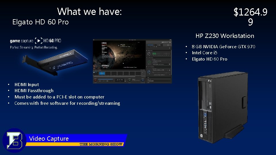 What we have: Elgato HD 60 Pro $1264. 9 9 HP Z 230 Workstation