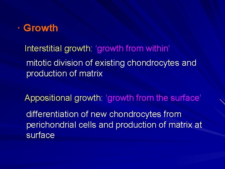 · Growth Interstitial growth: ‘growth from within’ mitotic division of existing chondrocytes and production