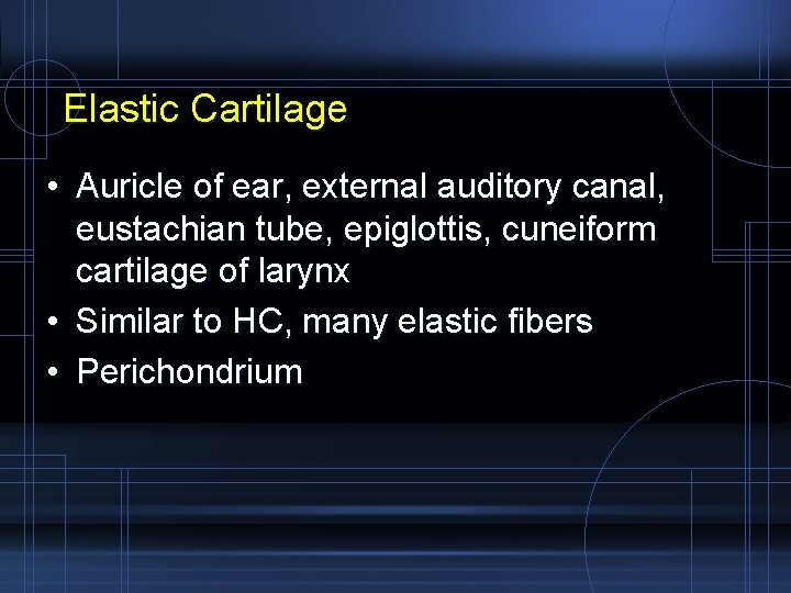 Elastic Cartilage • Auricle of ear, external auditory canal, eustachian tube, epiglottis, cuneiform cartilage