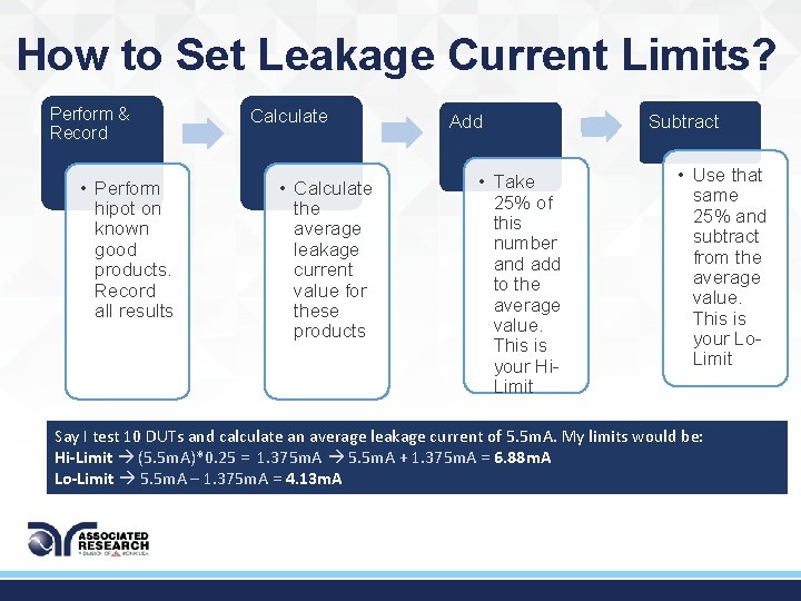 How to Set Leakage Current Limits? Perform & Record • Perform hipot on known