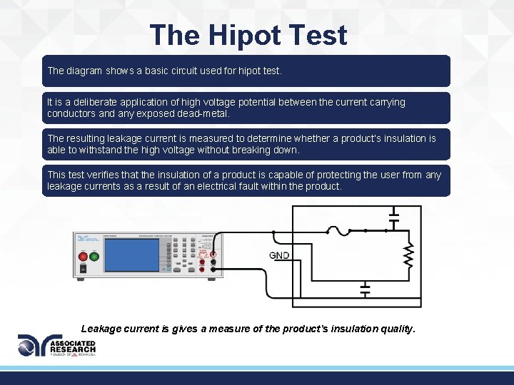 The Hipot Test The diagram shows a basic circuit used for hipot test. It