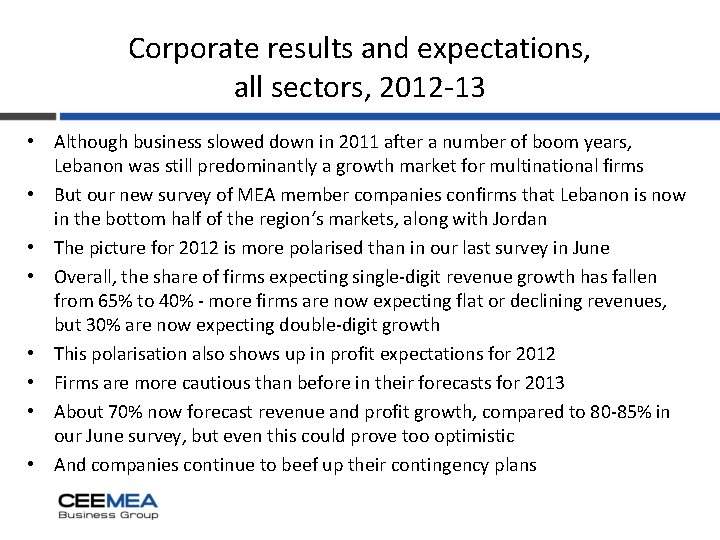 Corporate results and expectations, all sectors, 2012 -13 • Although business slowed down in