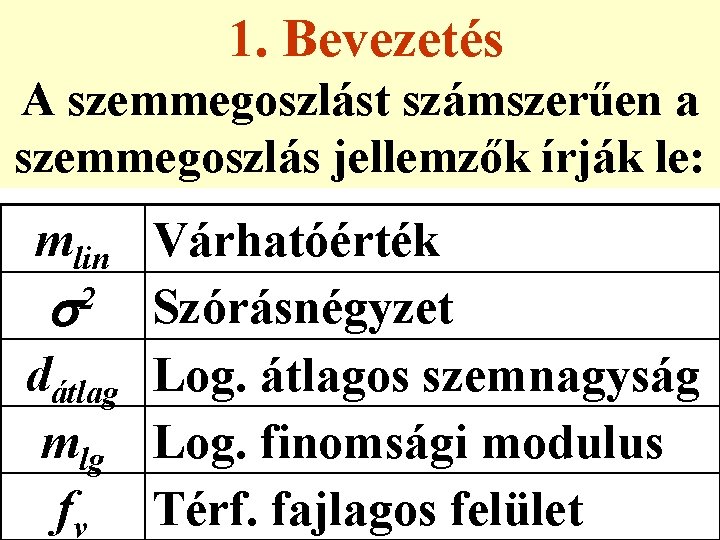 1. Bevezetés A szemmegoszlást számszerűen a szemmegoszlás jellemzők írják le: mlin Várhatóérték 2 s