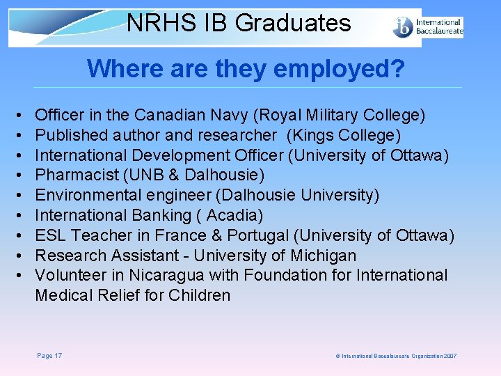 NRHS IB Graduates Where are they employed? • • • Officer in the Canadian