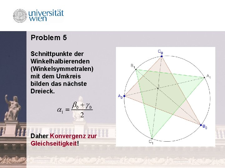 Problem 5 Schnittpunkte der Winkelhalbierenden (Winkelsymmetralen) mit dem Umkreis bilden das nächste Dreieck. Daher