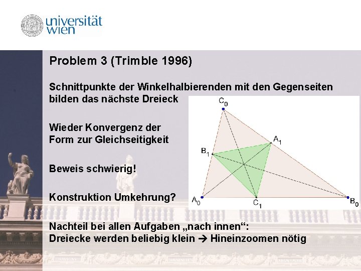 Problem 3 (Trimble 1996) Schnittpunkte der Winkelhalbierenden mit den Gegenseiten bilden das nächste Dreieck