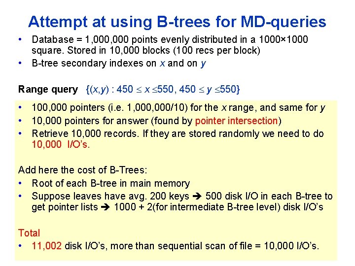 Attempt at using B trees for MD queries • Database = 1, 000 points