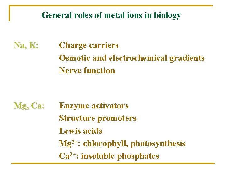 General roles of metal ions in biology Na, K: Charge carriers Osmotic and electrochemical