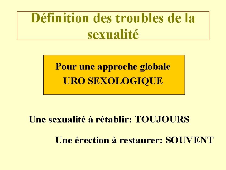 Définition des troubles de la sexualité Pour une approche globale URO SEXOLOGIQUE Une sexualité