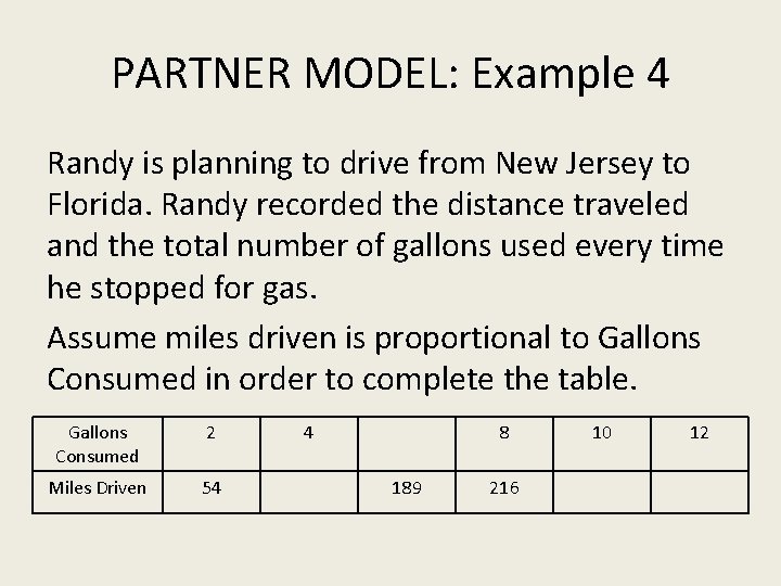 PARTNER MODEL: Example 4 Randy is planning to drive from New Jersey to Florida.