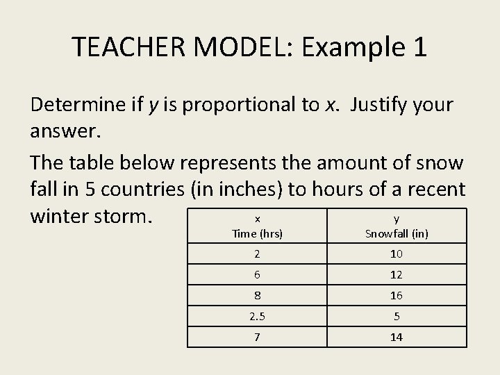 TEACHER MODEL: Example 1 Determine if y is proportional to x. Justify your answer.