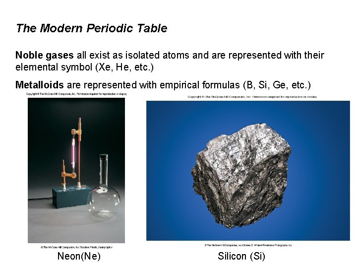 The Modern Periodic Table Noble gases all exist as isolated atoms and are represented