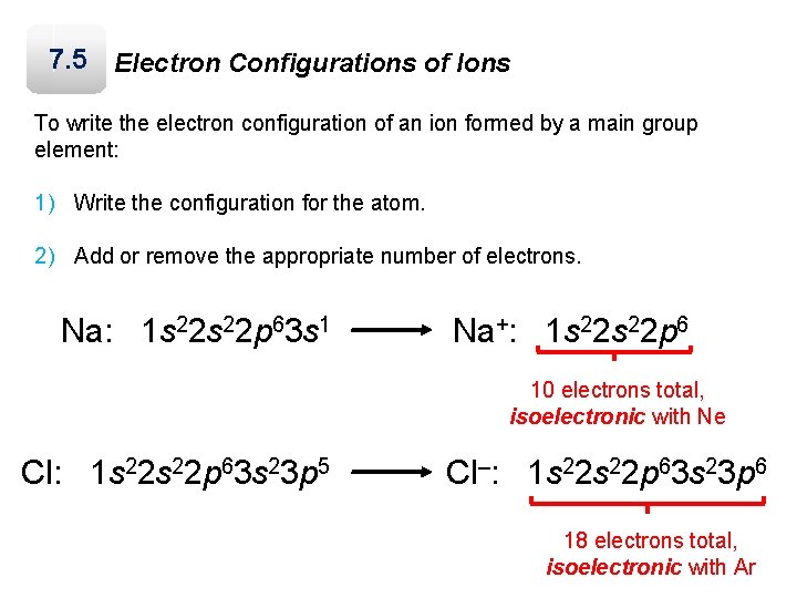 7. 5 Electron Configurations of Ions To write the electron configuration of an ion