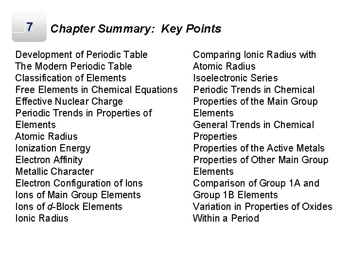 7 Chapter Summary: Key Points Development of Periodic Table The Modern Periodic Table Classification