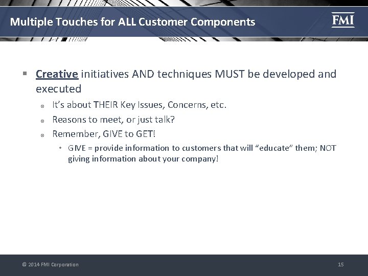 Multiple Touches for ALL Customer Components § Creative initiatives AND techniques MUST be developed