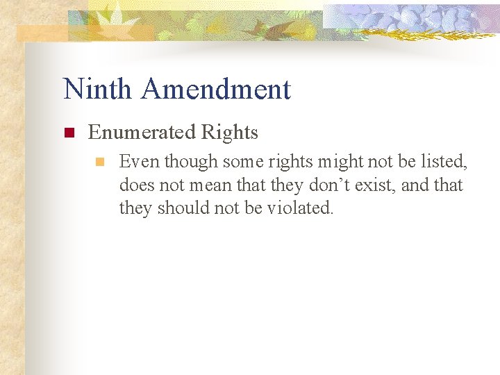 Ninth Amendment n Enumerated Rights n Even though some rights might not be listed,