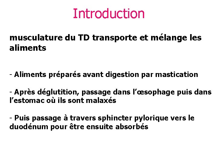 Introduction musculature du TD transporte et mélange les aliments - Aliments préparés avant digestion