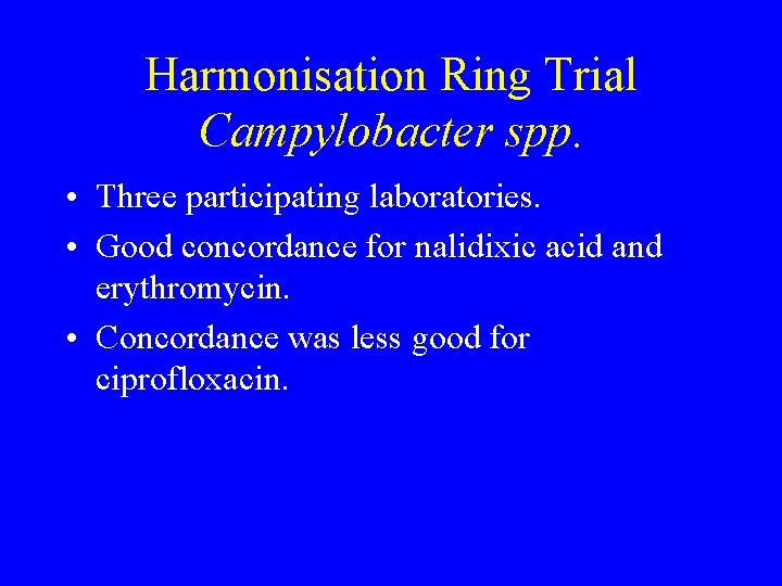 Harmonisation Ring Trial Campylobacter spp. • Three participating laboratories. • Good concordance for nalidixic